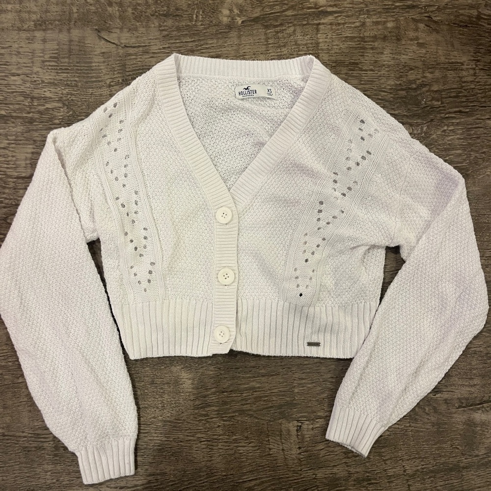 Hollister Ivory Cropped Eyelet Knit Cardigan
